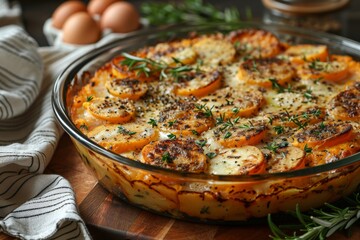 Indulge in a mouthwatering italian-inspired casserole dish loaded with savory potatoes, fragrant herbs, and gooey cheese, all baked to perfection in a rustic pan for a comforting indoor meal reminisc - obrazy, fototapety, plakaty