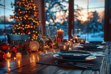 Fototapeta premium A festive table adorned with sparkling tableware, a glowing christmas tree, and flickering candles, creating a warm and inviting ambiance for a holiday gathering