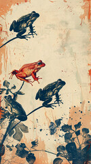 Frogs Vintage-style amphibian silhouettes in 4k quality, vibrant and detailed against an invisible backdrop