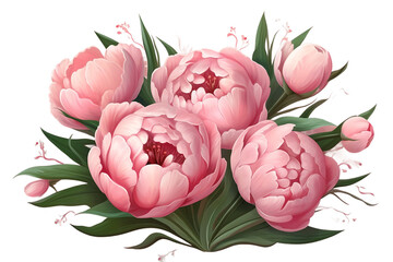 Beautiful pink peony flowering tulips on transparent background. Generative AI	