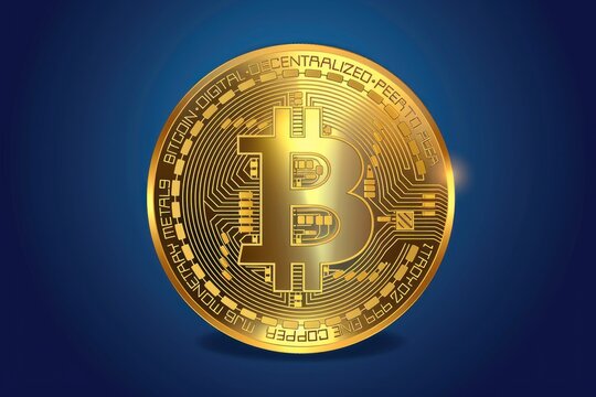 A single golden Bitcoin shines brilliantly against a deep blue gradient background, symbolizing wealth and digital innovation.