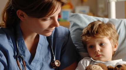 Dedicated nurse provides tender care to children, offering heartfelt compassion and ensuring a nurturing environment that promotes well-being and comfort throughout the healing process. - obrazy, fototapety, plakaty