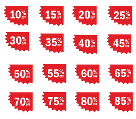 Red starburst corner percent off discount tags, gold corner discount tag banners and discount labels	
