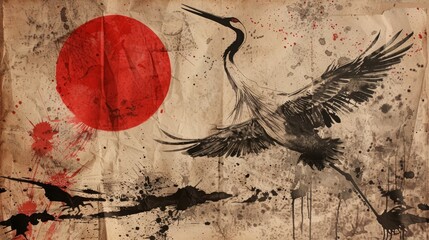 Vintage traditional Japanese painting, Crane – Tsuru . Painting on old paper. Generative AI.