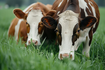Three cows grazing cow on farm organic concept