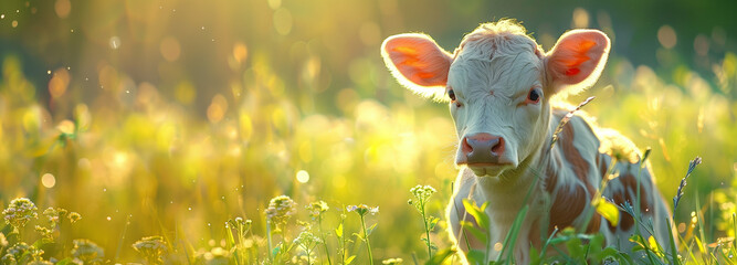 baby cow with a luminous green background cow on farm organic concept