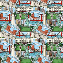 seamless painting United States landmarks Cute doodles.