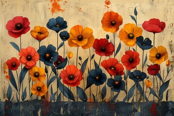 A vibrant corn poppy painting brings the beauty of nature to life on an outdoor wall, with delicate petals and detailed drawings capturing the essence of the coquelicot plant