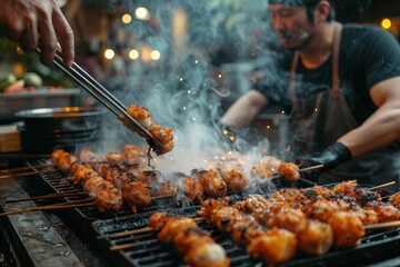 A man expertly grills a mouth-watering mix of churrasco, yakitori, and kebabs on an outdoor barbecue, adding a sizzling touch to his street food dishes with the flick of his tongs - obrazy, fototapety, plakaty