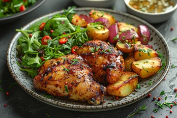 Indulge in a hearty and colorful meal with tender roasted chicken, vibrant root vegetables, and fragrant tandoori spices, served on a plate as a staple dish of indoor cuisine