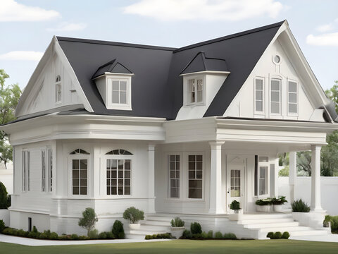 Model of two-story house in classic style, white, gray roof, exterior of home.