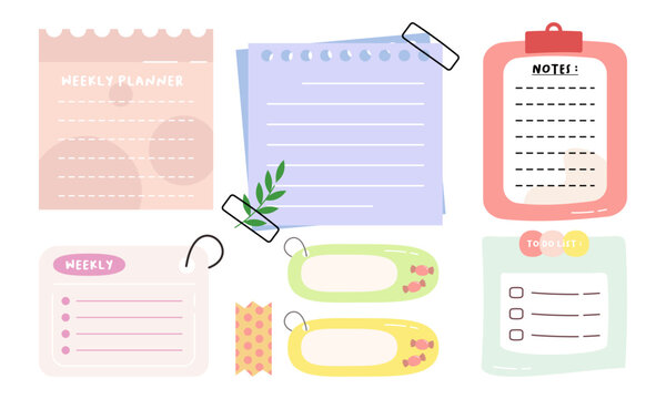 Cute Hand-Drawn Journal, Notepad, Planner Label, Paper Sheet, Sticky Note Vector Illustration