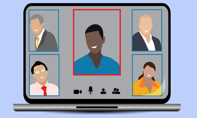 Laptop screen showing business people on a teleconference call together, Office people remotely working have a video conference meeting, VOIP call between office colleagues on Laptop