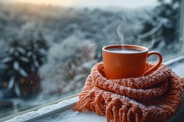 A warm mug of coffee rests on a rustic scarf, nestled on a windowsill as the winter breeze blows outside