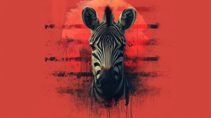  a close up of a zebra's head on a red background with a red sun in the background and a red circle in the middle of the image is a black and white zebra's head.