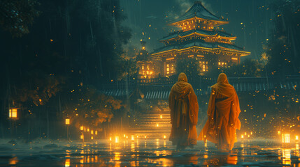 Mystical temple walk in the rain by two Buddhist monks - obrazy, fototapety, plakaty