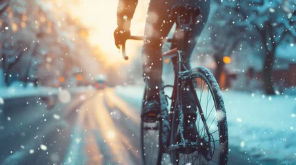 Deurstickers close up man riding a bicycle on a road in a winter snow © Muhammad