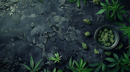 cannabis leaves and buds scattered on a dark, textured surface.  - obrazy, fototapety, plakaty