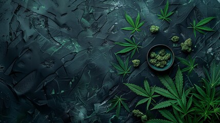 cannabis leaves and buds scattered on a dark, textured surface. 