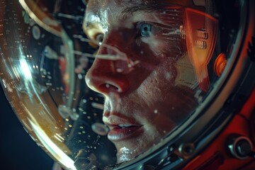 Intense Close-Up of Astronaut's Face in Helmet. Intense close-up of a contemplative astronaut's face inside a reflective space helmet, another astronaut in background.
