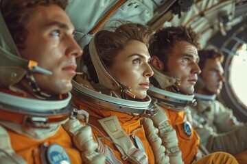 Spacecraft Crew in Orange Suits Observing Space. Crew of four astronauts in orange suits with helmets on, attentively observing through spacecraft cabin window. - obrazy, fototapety, plakaty