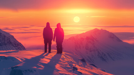 Couple Enjoying Sunset in Snowy Mountains, Couple of man and woman hikers on top of a mountain in winter at sunset or sunrise, together enjoying their climbing success and the breathtaking view. - obrazy, fototapety, plakaty