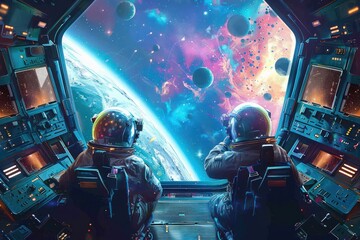 Astronauts Observing Earth from a Spacecraft. Two astronauts in golden helmets observing Earth from a spacecraft with vibrant celestial bodies in view. - obrazy, fototapety, plakaty