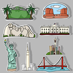 Cute line drawings of United States landmarks Placed separately from the background tourist attraction.