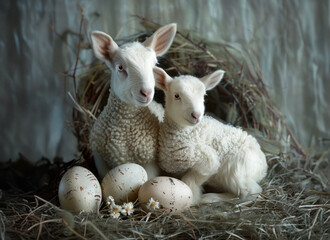 Obraz premium Lambs with easter' eggs 