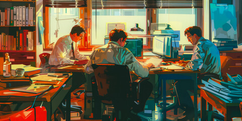Fototapeta na wymiar Graphic Illustration Of An Office With Workers And Computers For Wallpaper Created Using Artificial Intelligence