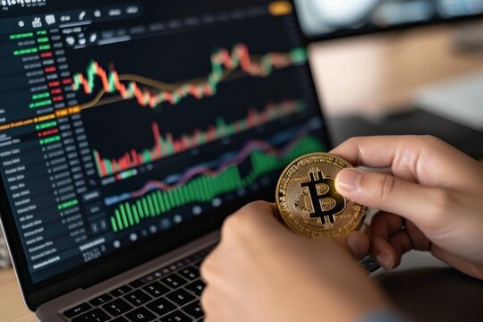 Close-up of a person's hands holding a Bitcoin with a laptop displaying live cryptocurrency trading charts in the background.