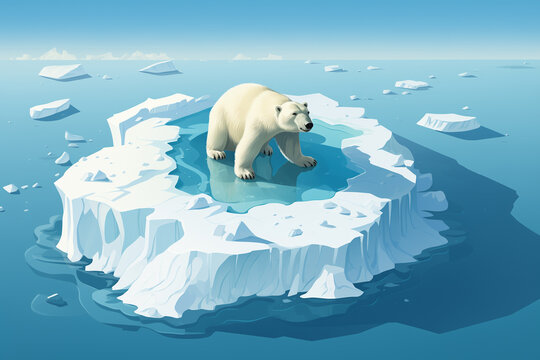 A polar bear on an ice floe, top view. Melting iceberg