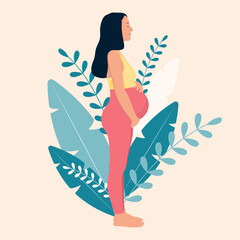 Pregnant young woman hugging her belly Contemporary illustration about pregnancy and motherhood.