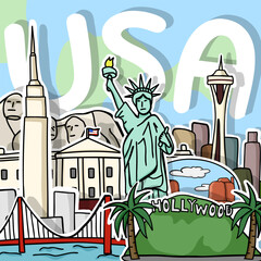 Cute line drawings of United States landmarks Tourist attraction posters.