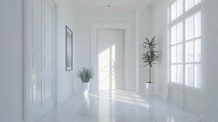Elegant white interior with minimalist decoration clean lines creating a serene and spacious atmosphere no people