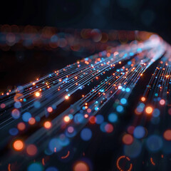 Fiber optic cables illuminated against a dark background showcasing the speed of data transmission and connections - obrazy, fototapety, plakaty