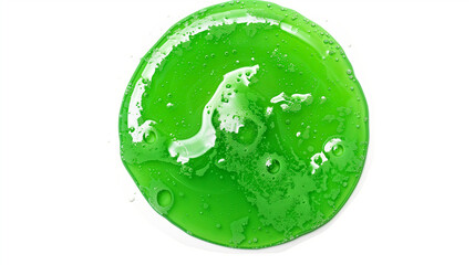 Green dishwashing liquid, detergent puddle isolated on white background, top view