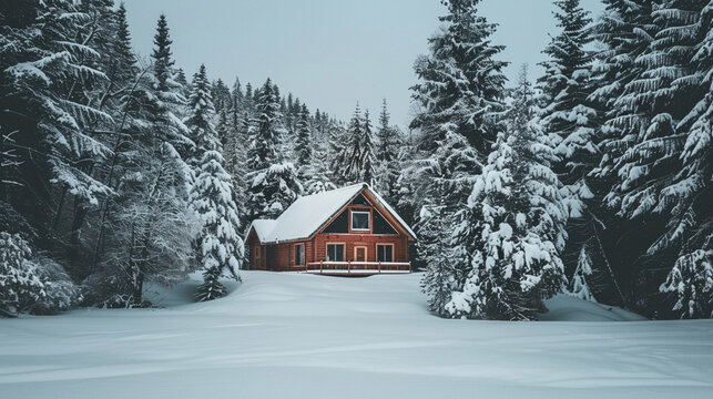 Serene winter landscape a cozy cabin surrounded by snow covered trees perfect for a nature filled vacation