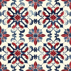 Traditional  seamless ornate pattern with red and blue floral motifs on a white background, perfect for cultural or historical themes; Concept of heritage and design
