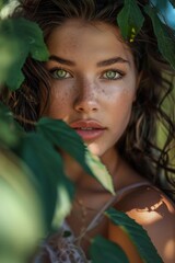 Close-Up of Woman with Green Eyes Peeking Through Leaves