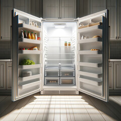 Empty Domestic Refrigerator with Open Doors and Shelves