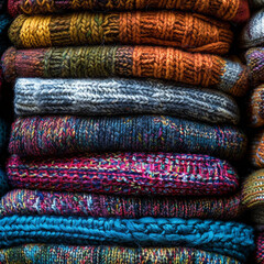 Close up of knitted wool patterns intricate stitches in rich colors for creative garment designs