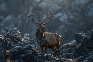 mountain range giving a strong moody landscape and red deer stag looking strong and proud