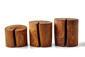 Three sawn brown tree trunks with knots and cracks isolated on a white background. Podium for...