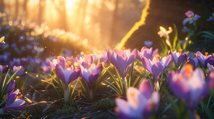 a cluster of Crocus flowers bathed in soft sunlight.
