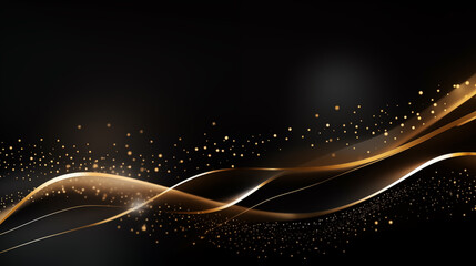 Elegant black background with gold lines and light effects, suitable for luxury design themes.