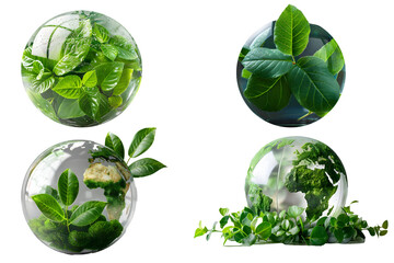 Set of 4 glass planets with green leaves, ideas, problems and reducing carbon dioxide emissions. Global warming and climate change Energy conservation and sustainable development earth day