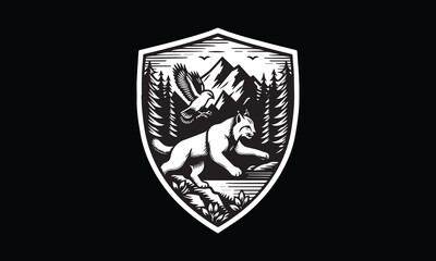 shield with bobcat, eagle, mountain, forest logo design, adventure logo 