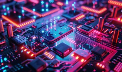 Obraz premium Macro View of a Tech Computer Electronics Board in a Digital Background, Ideal for AI Research, High-Tech Product Launches, and Innovation Conferences