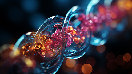 Abstract image of illuminated, colorful DNA helix structure with a dark background.